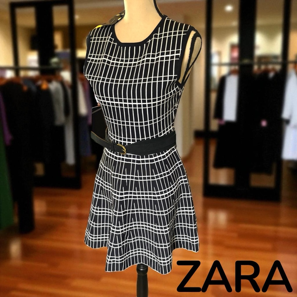 ZARA-NWT large geometric fit & flare mini skater dress. Black/white. New w/tag! - Picture 6 of 15
